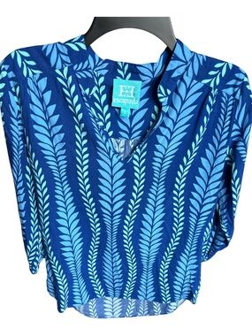 Escapada S Blouse V-Neck Leaves Pattern Blues Rayon Vibrant
